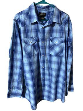 High Noon Mens L Tall Blue Plaid Pearl Snap Western Shirt Cowboy Ranchwear